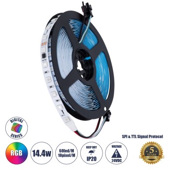 GLOBOSTAR® DIGIPRO 90596 Ψηφιακή Pixel Addressable Ταινία LED 14.4W/m 1152lm/m 120° DC 24V IP20 60 x SMD5050 Chip/m 10 x Pixel/m Πολύχρωμο RGB Dimmable SPI/TTL Protocol IC WS2811/SM16703P - Μ500 x Π1 x Υ0.2cm - Ρολό 5 Μέτρων - 5 Χρόνια Εγγύηση GLOBOSTAR® DIGIPRO 90596 Ψηφιακή Pixel Addressable Ταινία LED 14.4W/m 1152lm/m 120° DC 24V IP20 60 x SMD5050 Chip/m 10 x Pixel/m Πολύχρωμο RGB Dimmable SPI/TTL Protocol IC WS2811/SM16703P - Μ500 x Π1 x Υ0.2cm - Ρολό 5 Μέτρων - 5 Χρόνια Εγγύηση