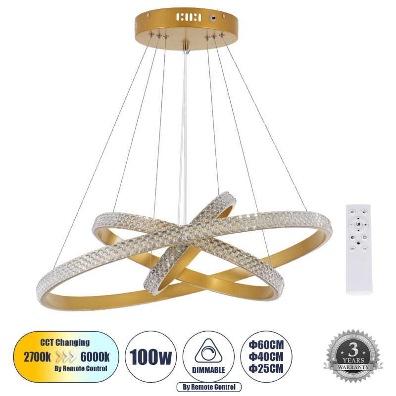 GLOBOSTAR® DIAMOND TRIO 61137-DECO Μοντέρνο Κρεμαστό Φωτιστικό Οροφής LED 100W 12123lm 360° AC 220-240V IP20 Ρυθμιζόμενο Λευκό CCT με Χειριστήριο από 2700K έως 6000K Dimmable - Lumileds SMD Chip - Χρυσό Βούρτσας - Μ60 x Π60 x Υ60cm - 3 Χρόνια Εγγύηση