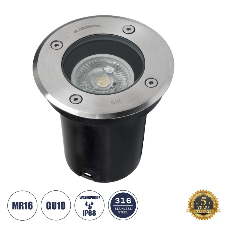 GLOBOSTAR® GIGO 60363 Χωνευτό Φωτιστικό Δαπέδου Σποτ για Λάμπα MR16 με Ντουί 1 x GU10 AC 220-240V Αδιάβροχο IP68 IK09 - Ανοξείδωτο Ατσάλι SS316 - Μ11 x Π11 x Υ11.5cm / Q10.4cm