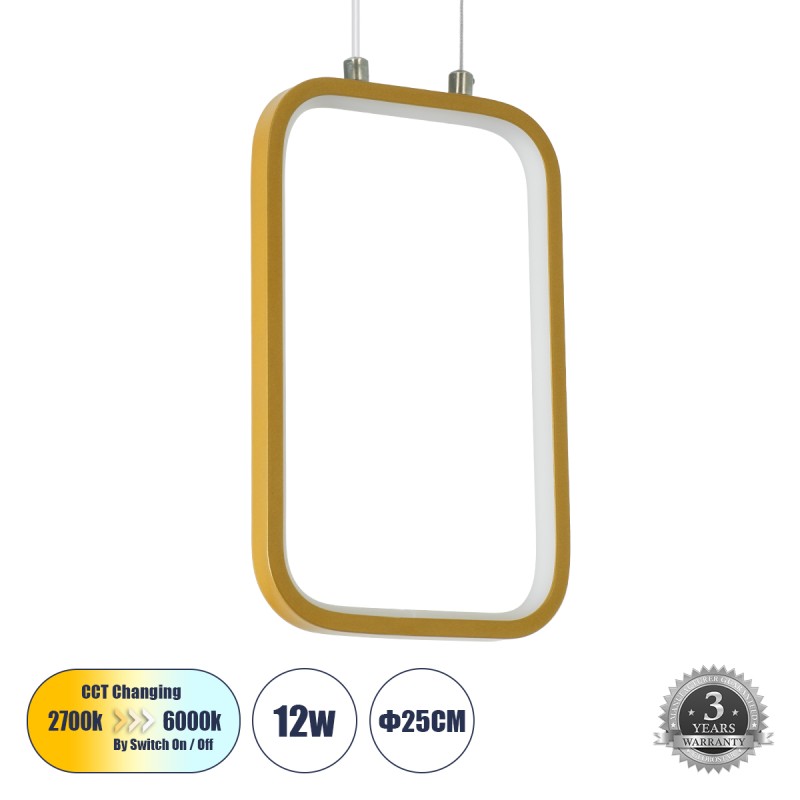 GLOBOSTAR® NEROBA 61301 Μοντέρνο Κρεμαστό Φωτιστικό Οροφής LED 12W 1320lm 360° AC 220-240V IP20 Ρυθμιζόμενο Λευκό CCT με On/Off 2700K/4500K/6000K - Lumileds SMD Chip - Χρυσό Βούρτσας - Μ16 x Π1.6 x Υ25.5cm - 3 Χρόνια Εγγύηση