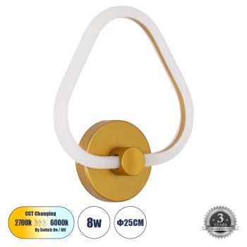 GLOBOSTAR® REGINA 61342 Μοντέρνο Φωτιστικό Τοίχου - Απλίκα LED 8W 960lm 360° AC 220-240V IP20 Ρυθμιζόμενο Λευκό CCT με On/Off 2700K/4500K/6000K - Lumileds SMD Chip - Χρυσό - Μ25 x Π7 x Υ28.5cm - 3 Χρόνια Εγγύηση GLOBOSTAR® REGINA 61342 Μοντέρνο Φωτιστικό Τοίχου - Απλίκα LED 8W 960lm 360° AC 220-240V IP20 Ρυθμιζόμενο Λευκό CCT με On/Off 2700K/4500K/6000K - Lumileds SMD Chip - Χρυσό - Μ25 x Π7 x Υ28.5cm - 3 Χρόνια Εγγύηση