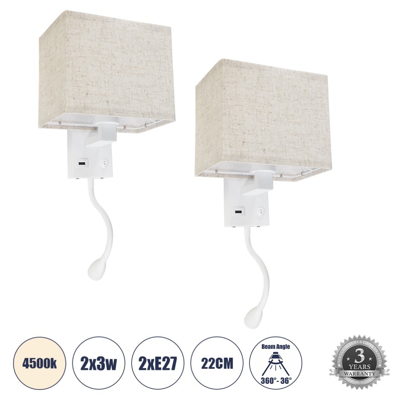 GLOBOSTAR® ROULETTE-S 61383 Μοντέρνο Φωτιστικό Τοίχου - Απλίκα Ξενοδοχείου Reading Light με Φορτιστή USB 3A & Ντουί 1 x E27 LED 3W 360lm 36° & 360° AC 220-240V IP20 Φυσικό Λευκό 4500K - Bridgelux COB Chip & TÜV SÜD Driver - Λευκό & Μπεζ -  GLOBOSTAR® ROULETTE-S 61383 Μοντέρνο Φωτιστικό Τοίχου - Απλίκα Ξενοδοχείου Reading Light με Φορτιστή USB 3A & Ντουί 1 x E27 LED 3W 360lm 36° & 360° AC 220-240V IP20 Φυσικό Λευκό 4500K - Bridgelux COB Chip & TÜV SÜD Driver - Λευκό & Μπεζ -