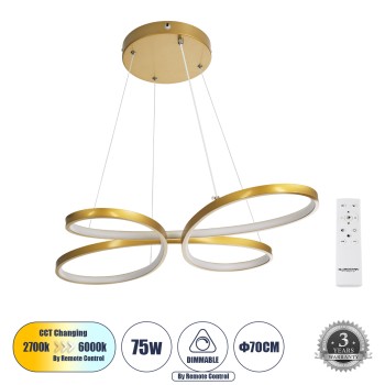GLOBOSTAR® BUTTERFLY 61393 Μοντέρνο Κρεμαστό Φωτιστικό Οροφής LED 75W 8400lm 300° AC 220-240V IP20 Ρυθμιζόμενο Λευκό CCT με Χειριστήριο από 2700K έως 6000K Dimmable - Lumileds SMD Chip - Χρυσό Βούρτσας - Μ70 x Π55 x Υ4cm - 3 Χρόνια Εγγύηση GLOBOSTAR® BUTTERFLY 61393 Μοντέρνο Κρεμαστό Φωτιστικό Οροφής LED 75W 8400lm 300° AC 220-240V IP20 Ρυθμιζόμενο Λευκό CCT με Χειριστήριο από 2700K έως 6000K Dimmable - Lumileds SMD Chip - Χρυσό Βούρτσας - Μ70 x Π55 x Υ4cm - 3 Χρόνια Εγγύηση