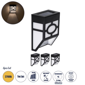 GloboStar® 85707 ΣΕΤ 4 Τεμαχίων Αυτόνομα Ηλιακά Φωτιστικά Τοίχου Μαύρα-Λευκά LED SMD 1W 100lm με Ενσωματωμένη Μπαταρία 600mAh - Φωτοβολταϊκό Πάνελ με Αισθητήρα Ημέρας-Νύχτας Αδιάβροχα IP65 Θερμό Λευκό 3000K GloboStar® 85707 ΣΕΤ 4 Τεμαχίων Αυτόνομα Ηλιακά Φωτιστικά Τοίχου Μαύρα-Λευκά LED SMD 1W 100lm με Ενσωματωμένη Μπαταρία 600mAh - Φωτοβολταϊκό Πάνελ με Αισθητήρα Ημέρας-Νύχτας Αδιάβροχα IP65 Θερμό Λευκό 3000K