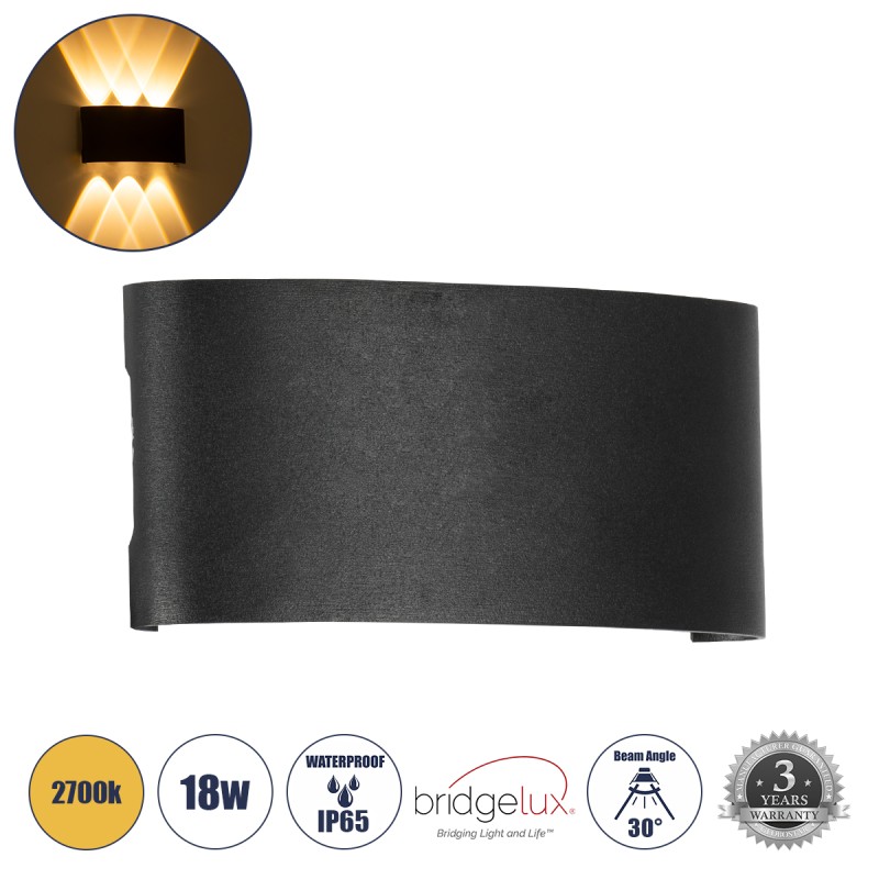 kelvo® SIXOAD 60586 Μοντέρνο Φωτιστικό Τοίχου - Απλίκα LED 18W 1800lm 30° AC 220-240V Αδιάβροχο IP65 Θερμό Λευκό 2700K - CREE XPE Chip & TÜV SÜD Driver - Μαύρο Ματ - Μ17 x Π4 x Υ8cm - 5 Χρόνια Εγγύηση