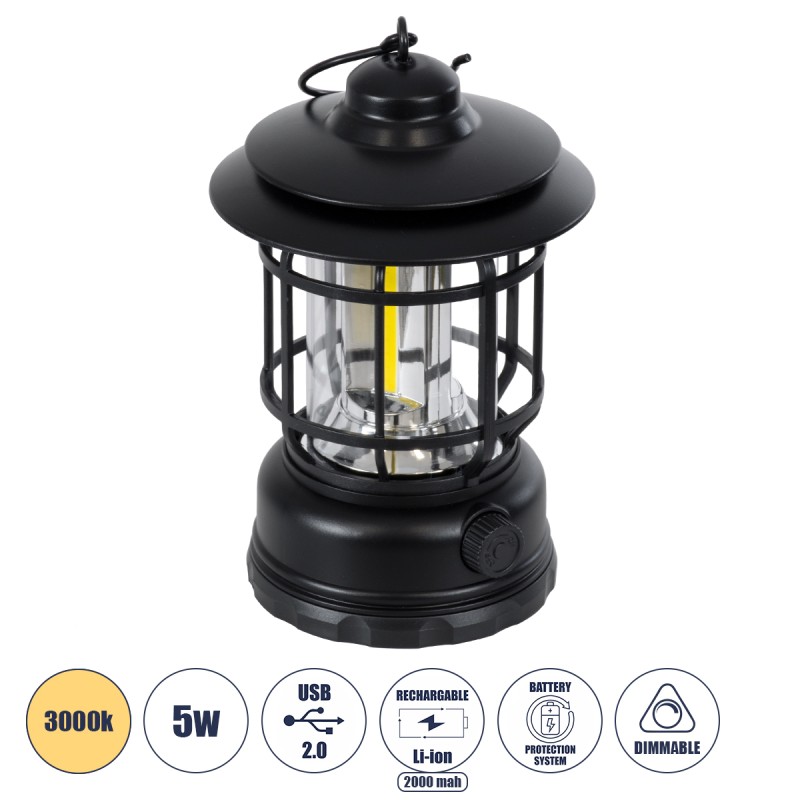 GloboStar® 85692 Αυτόνομο Επαναφορτιζόμενο Φανάρι Camping LED 5W USB 2.0 με Επαναφορτιζόμενη Μπαταρία 1 x 18650 2000mAh Li-ion - IP20 - Dimmable - Μαύρο με Διάφανο Γυαλί - Θερμό Λευκό 3000K Φ12 x Υ17cm GloboStar® 85692 Αυτόνομο Επαναφορτιζόμενο Φανάρι Camping LED 5W USB 2.0 με Επαναφορτιζόμενη Μπαταρία 1 x 18650 2000mAh Li-ion - IP20 - Dimmable - Μαύρο με Διάφανο Γυαλί - Θερμό Λευκό 3000K Φ12 x Υ17cm