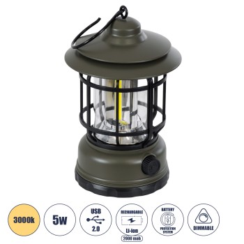 GloboStar® 85693 Αυτόνομο Επαναφορτιζόμενο Φανάρι Camping LED 5W USB 2.0 με Επαναφορτιζόμενη Μπαταρία 1 x 18650 2000mAh Li-ion - IP20 - Dimmable - Πράσινο Χακί με Διάφανο Γυαλί - Θερμό Λευκό 3000K Φ12 x Υ17cm GloboStar® 85693 Αυτόνομο Επαναφορτιζόμενο Φανάρι Camping LED 5W USB 2.0 με Επαναφορτιζόμενη Μπαταρία 1 x 18650 2000mAh Li-ion - IP20 - Dimmable - Πράσινο Χακί με Διάφανο Γυαλί - Θερμό Λευκό 3000K Φ12 x Υ17cm