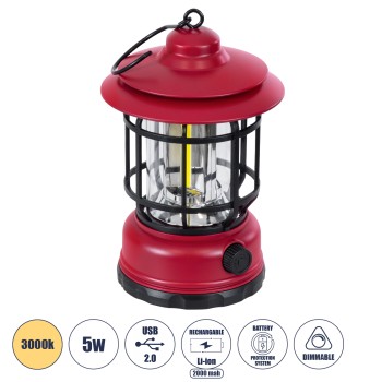 GloboStar® 85694 Αυτόνομο Επαναφορτιζόμενο Φανάρι Camping LED 5W USB 2.0 με Επαναφορτιζόμενη Μπαταρία 1 x 18650 2000mAh Li-ion - IP20 - Dimmable - Κόκκινο με Διάφανο Γυαλί - Θερμό Λευκό 3000K Φ12 x Υ17cm GloboStar® 85694 Αυτόνομο Επαναφορτιζόμενο Φανάρι Camping LED 5W USB 2.0 με Επαναφορτιζόμενη Μπαταρία 1 x 18650 2000mAh Li-ion - IP20 - Dimmable - Κόκκινο με Διάφανο Γυαλί - Θερμό Λευκό 3000K Φ12 x Υ17cm