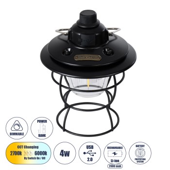 GloboStar® 85695 Αυτόνομο Φανάρι Camping LED 4W USB 2.0 με Επαναφορτιζόμενη Μπαταρία 1 x 18650 2000mAh Li-ion Power Bank IP20 Dimmable Μαύρο με Διάφανο Γυαλί CCT Εναλλαγή Φωτισμού μέσω On/Off All In One Ψυχρό 6000K+Φυσικό 4500K+Θερμό 2700K Φ13.5 x Υ17.5cm GloboStar® 85695 Αυτόνομο Φανάρι Camping LED 4W USB 2.0 με Επαναφορτιζόμενη Μπαταρία 1 x 18650 2000mAh Li-ion Power Bank IP20 Dimmable Μαύρο με Διάφανο Γυαλί CCT Εναλλαγή Φωτισμού μέσω On/Off All In One Ψυχρό 6000K+Φυσικό 4500K+Θερμό 2700K Φ13.5 x Υ17.5cm