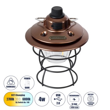 GloboStar® 85697 Αυτόνομο Φανάρι Camping LED 4W USB 2.0 με Επαναφορτιζόμενη Μπαταρία 1 x 18650 2000mAh Li-ion Power Bank IP20 Dimmable Καφέ με Διάφανο Γυαλί CCT Εναλλαγή Φωτισμού μέσω On/Off All In One Ψυχρό 6000K+Φυσικό 4500K+Θερμό 2700K Φ13.5 x Υ17.5cm GloboStar® 85697 Αυτόνομο Φανάρι Camping LED 4W USB 2.0 με Επαναφορτιζόμενη Μπαταρία 1 x 18650 2000mAh Li-ion Power Bank IP20 Dimmable Καφέ με Διάφανο Γυαλί CCT Εναλλαγή Φωτισμού μέσω On/Off All In One Ψυχρό 6000K+Φυσικό 4500K+Θερμό 2700K Φ13.5 x Υ17.5cm