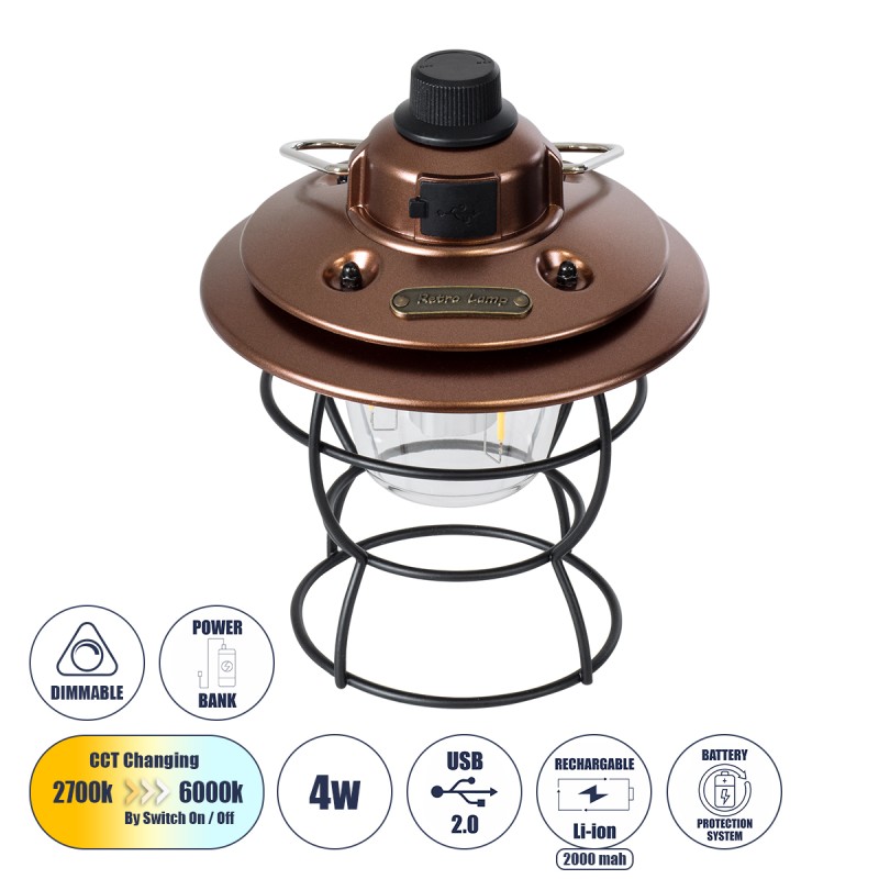 GloboStar® 85697 Αυτόνομο Φανάρι Camping LED 4W USB 2.0 με Επαναφορτιζόμενη Μπαταρία 1 x 18650 2000mAh Li-ion Power Bank IP20 Dimmable Καφέ με Διάφανο Γυαλί CCT Εναλλαγή Φωτισμού μέσω On/Off All In One Ψυχρό 6000K+Φυσικό 4500K+Θερμό 2700K Φ13.5 x Υ17.5cm GloboStar® 85697 Αυτόνομο Φανάρι Camping LED 4W USB 2.0 με Επαναφορτιζόμενη Μπαταρία 1 x 18650 2000mAh Li-ion Power Bank IP20 Dimmable Καφέ με Διάφανο Γυαλί CCT Εναλλαγή Φωτισμού μέσω On/Off All In One Ψυχρό 6000K+Φυσικό 4500K+Θερμό 2700K Φ13.5 x Υ17.5cm