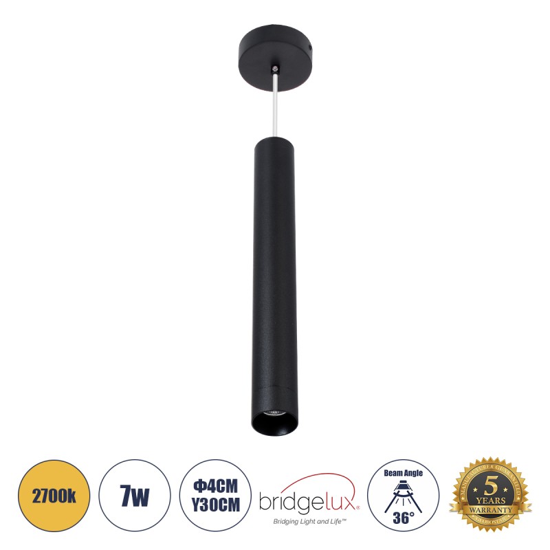 GLOBOSTAR® CANAL 60374 Μοντέρνο Κρεμαστό Φωτιστικό Οροφής LED 7W 700lm 36° AC 220-240V IP20 Θερμό Λευκό 2700K - Bridgelux COB - Μαύρο - Μ4 x Π4 x Υ30cm - 5 Χρόνια Εγγύηση