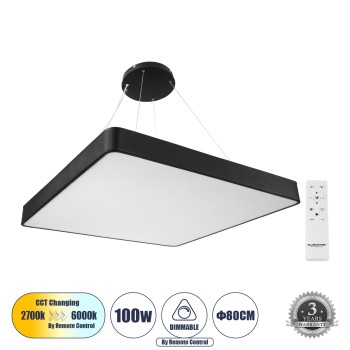 GLOBOSTAR® KAMALA 61210-P Μοντέρνο Κρεμαστό Φωτιστικό Οροφής LED 100W 11020lm 120° AC 220-240V IP20 Ρυθμιζόμενο Λευκό CCT με Χειριστήριο από 2700K έως 6000K Dimmable - Lumileds SMD Chip - Μαύρο Ματ - Μ80 x Π80 x Υ8cm - 3 Χρόνια Εγγύηση GLOBOSTAR® KAMALA 61210-P Μοντέρνο Κρεμαστό Φωτιστικό Οροφής LED 100W 11020lm 120° AC 220-240V IP20 Ρυθμιζόμενο Λευκό CCT με Χειριστήριο από 2700K έως 6000K Dimmable - Lumileds SMD Chip - Μαύρο Ματ - Μ80 x Π80 x Υ8cm - 3 Χρόνια Εγγύηση