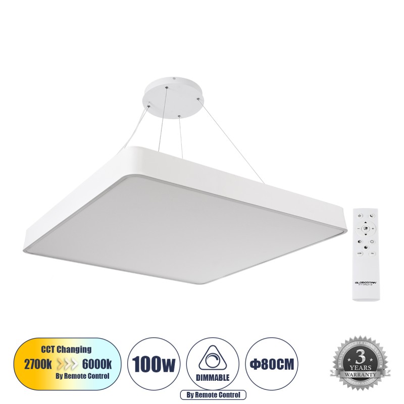 GLOBOSTAR® KAMALA 61211-P Μοντέρνο Κρεμαστό Φωτιστικό Οροφής LED 100W 11020lm 120° AC 220-240V IP20 Ρυθμιζόμενο Λευκό CCT με Χειριστήριο από 2700K έως 6000K Dimmable - Lumileds SMD Chip - Λευκό Ματ - Μ80 x Π80 x Υ8cm - 3 Χρόνια Εγγύηση GLOBOSTAR® KAMALA 61211-P Μοντέρνο Κρεμαστό Φωτιστικό Οροφής LED 100W 11020lm 120° AC 220-240V IP20 Ρυθμιζόμενο Λευκό CCT με Χειριστήριο από 2700K έως 6000K Dimmable - Lumileds SMD Chip - Λευκό Ματ - Μ80 x Π80 x Υ8cm - 3 Χρόνια Εγγύηση