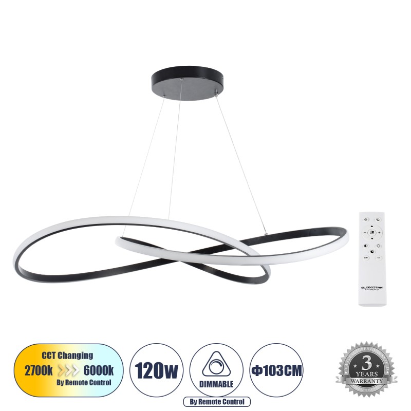 GLOBOSTAR® DEXTER 60917 Μοντέρνο Κρεμαστό Φωτιστικό Οροφής LED 120W 13440lm 300° AC 220-240V IP20 Ρυθμιζόμενο Λευκό CCT με Χειριστήριο από 2700K έως 6000K Dimmable - Lumileds SMD Chip - Μαύρο Ματ - Μ103 x Π103 x Υ22cm - 3 Χρόνια Εγγύηση