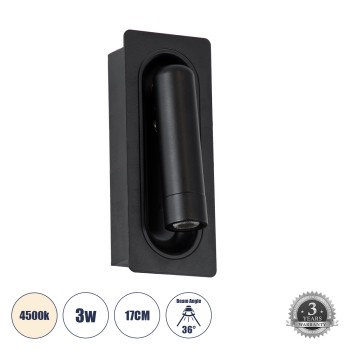 GLOBOSTAR® MANHATTAN 61097 Μοντέρνο Φωτιστικό Τοίχου - Απλίκα Ξενοδοχείου Reading Light LED 3W 405lm 36° AC 220-240V IP20 Φυσικό Λευκό 4500K - Bridgelux COB Chip & TÜV SÜD Driver - Μαύρο - Μ7 x Π7 x Υ17cm - 3 Χρόνια Εγγύηση GLOBOSTAR® MANHATTAN 61097 Μοντέρνο Φωτιστικό Τοίχου - Απλίκα Ξενοδοχείου Reading Light LED 3W 405lm 36° AC 220-240V IP20 Φυσικό Λευκό 4500K - Bridgelux COB Chip & TÜV SÜD Driver - Μαύρο - Μ7 x Π7 x Υ17cm - 3 Χρόνια Εγγύηση