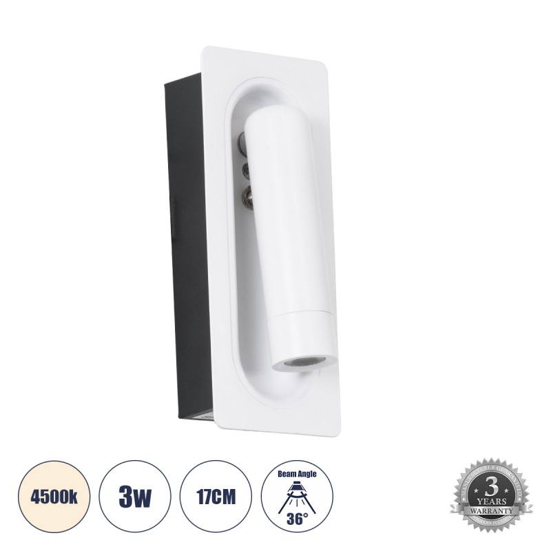 GLOBOSTAR® MANHATTAN 61098 Μοντέρνο Φωτιστικό Τοίχου - Απλίκα Ξενοδοχείου Reading Light LED 3W 405lm 36° AC 220-240V IP20 Φυσικό Λευκό 4500K - Bridgelux COB Chip & TÜV SÜD Driver - Λευκό - Μ7 x Π7 x Υ17cm - 3 Χρόνια Εγγύηση GLOBOSTAR® MANHATTAN 61098 Μοντέρνο Φωτιστικό Τοίχου - Απλίκα Ξενοδοχείου Reading Light LED 3W 405lm 36° AC 220-240V IP20 Φυσικό Λευκό 4500K - Bridgelux COB Chip & TÜV SÜD Driver - Λευκό - Μ7 x Π7 x Υ17cm - 3 Χρόνια Εγγύηση