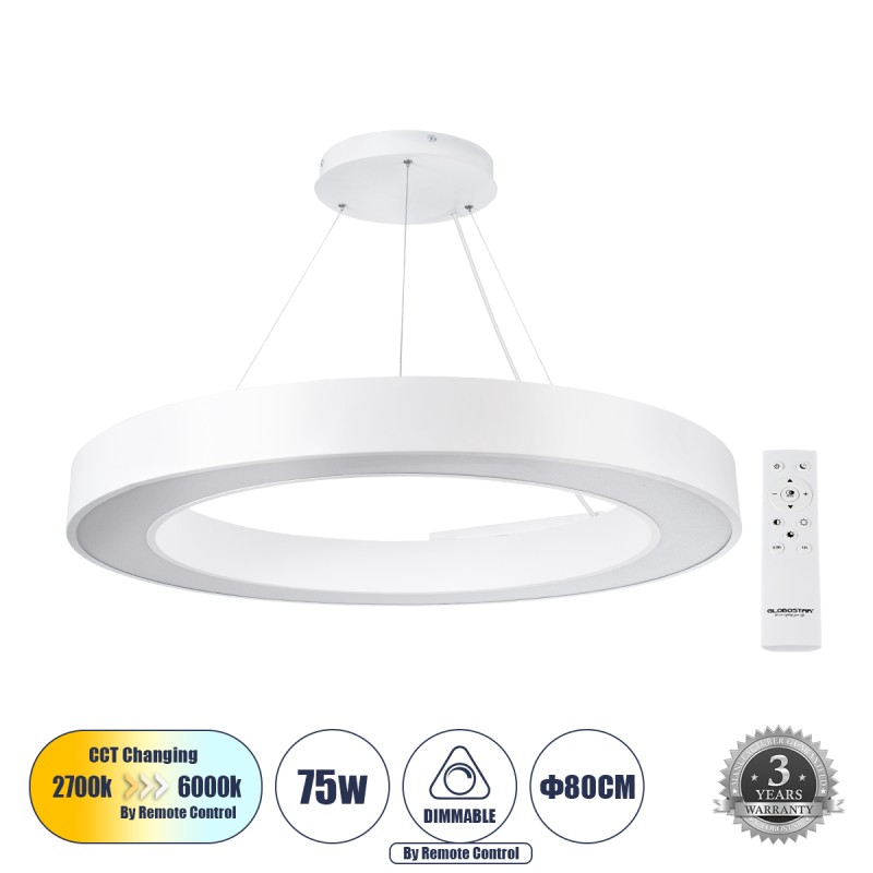 GLOBOSTAR® RA 61197 Μοντέρνο Κρεμαστό Φωτιστικό Οροφής LED 75W 8250lm 120° AC 220-240V IP20 Ρυθμιζόμενο Λευκό CCT με Χειριστήριο από 2700K έως 6000K Dimmable - Lumileds SMD Chip - Λευκό Ματ - Μ80 x Π80 x Υ8cm - 3 Χρόνια Εγγύηση GLOBOSTAR® RA 61197 Μοντέρνο Κρεμαστό Φωτιστικό Οροφής LED 75W 8250lm 120° AC 220-240V IP20 Ρυθμιζόμενο Λευκό CCT με Χειριστήριο από 2700K έως 6000K Dimmable - Lumileds SMD Chip - Λευκό Ματ - Μ80 x Π80 x Υ8cm - 3 Χρόνια Εγγύηση