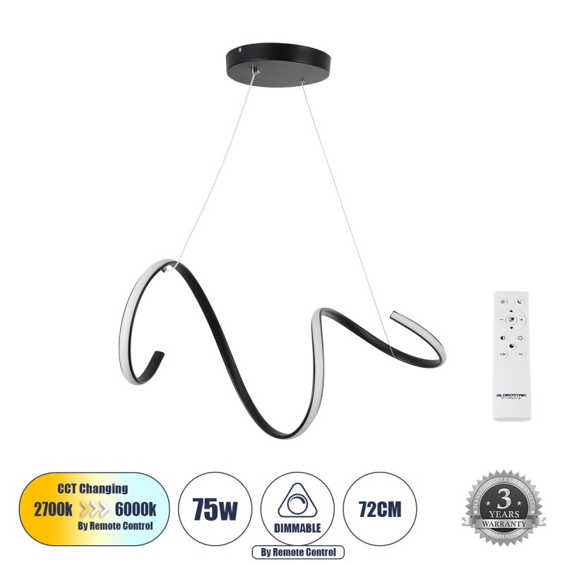 GLOBOSTAR® SPIRALE 61283 Μοντέρνο Κρεμαστό Φωτιστικό Οροφής LED 75W 8400lm 300° AC 220-240V IP20 Ρυθμιζόμενο Λευκό CCT με Χειριστήριο από 2700K έως 6000K Dimmable - Lumileds SMD Chip - Μαύρο Ματ - Μ72 x Π25 x Υ30cm - 3 Χρόνια Εγγύηση GLOBOSTAR® SPIRALE 61283 Μοντέρνο Κρεμαστό Φωτιστικό Οροφής LED 75W 8400lm 300° AC 220-240V IP20 Ρυθμιζόμενο Λευκό CCT με Χειριστήριο από 2700K έως 6000K Dimmable - Lumileds SMD Chip - Μαύρο Ματ - Μ72 x Π25 x Υ30cm - 3 Χρόνια Εγγύηση