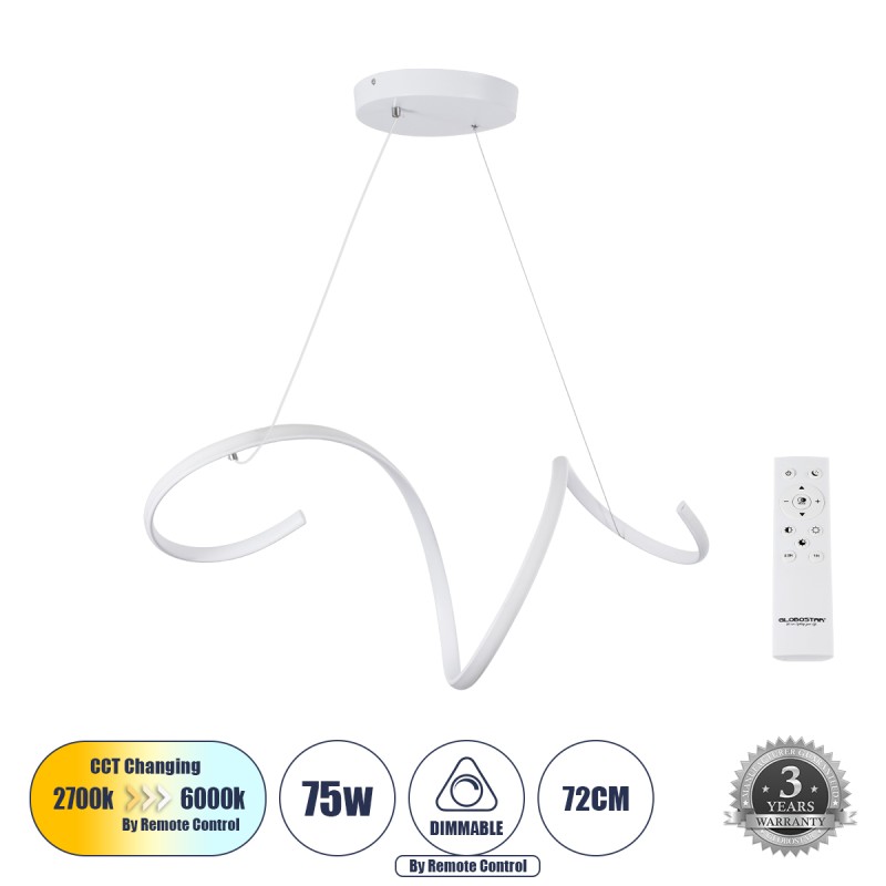 GLOBOSTAR® SPIRALE 61284 Μοντέρνο Κρεμαστό Φωτιστικό Οροφής LED 75W 8400lm 300° AC 220-240V IP20 Ρυθμιζόμενο Λευκό CCT με Χειριστήριο από 2700K έως 6000K Dimmable - Lumileds SMD Chip - Λευκό Ματ - Μ72 x Π25 x Υ30cm - 3 Χρόνια Εγγύηση GLOBOSTAR® SPIRALE 61284 Μοντέρνο Κρεμαστό Φωτιστικό Οροφής LED 75W 8400lm 300° AC 220-240V IP20 Ρυθμιζόμενο Λευκό CCT με Χειριστήριο από 2700K έως 6000K Dimmable - Lumileds SMD Chip - Λευκό Ματ - Μ72 x Π25 x Υ30cm - 3 Χρόνια Εγγύηση