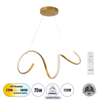 GLOBOSTAR® SPIRALE 61286 Μοντέρνο Κρεμαστό Φωτιστικό Οροφής LED 75W 8400lm 300° AC 220-240V IP20 Ρυθμιζόμενο Λευκό CCT με Χειριστήριο από 2700K έως 6000K Dimmable - Lumileds SMD Chip - Χρυσό Βούρτσας - Μ72 x Π25 x Υ30cm - 3 Χρόνια Εγγύηση GLOBOSTAR® SPIRALE 61286 Μοντέρνο Κρεμαστό Φωτιστικό Οροφής LED 75W 8400lm 300° AC 220-240V IP20 Ρυθμιζόμενο Λευκό CCT με Χειριστήριο από 2700K έως 6000K Dimmable - Lumileds SMD Chip - Χρυσό Βούρτσας - Μ72 x Π25 x Υ30cm - 3 Χρόνια Εγγύηση