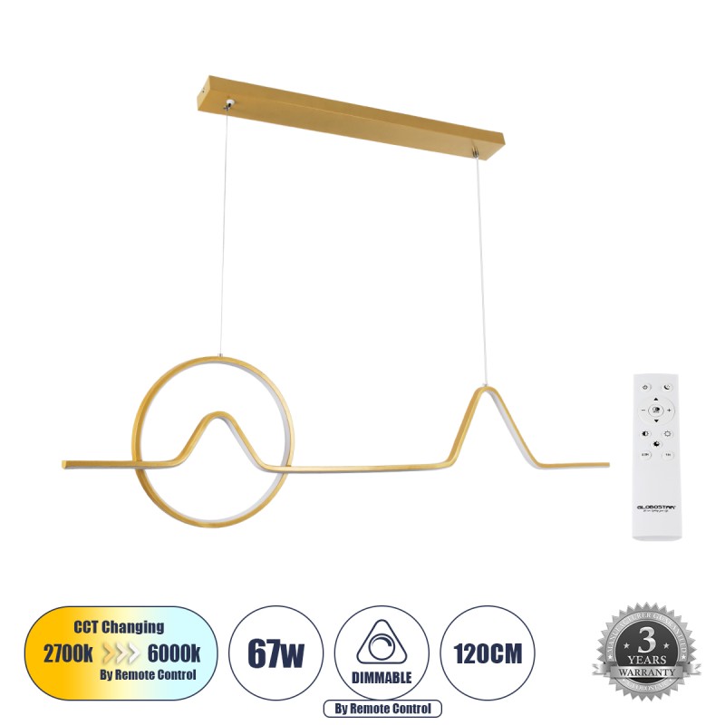 GLOBOSTAR® WINDY 61293 Μοντέρνο Κρεμαστό Φωτιστικό Οροφής LED 67W 7504lm 300° AC 220-240V IP20 Ρυθμιζόμενο Λευκό CCT με Χειριστήριο από 2700K έως 6000K Dimmable - Lumileds SMD Chip - Χρυσό Βούρτσας - Μ120 x Π4 x Υ30cm - 3 Χρόνια Εγγύηση GLOBOSTAR® WINDY 61293 Μοντέρνο Κρεμαστό Φωτιστικό Οροφής LED 67W 7504lm 300° AC 220-240V IP20 Ρυθμιζόμενο Λευκό CCT με Χειριστήριο από 2700K έως 6000K Dimmable - Lumileds SMD Chip - Χρυσό Βούρτσας - Μ120 x Π4 x Υ30cm - 3 Χρόνια Εγγύηση
