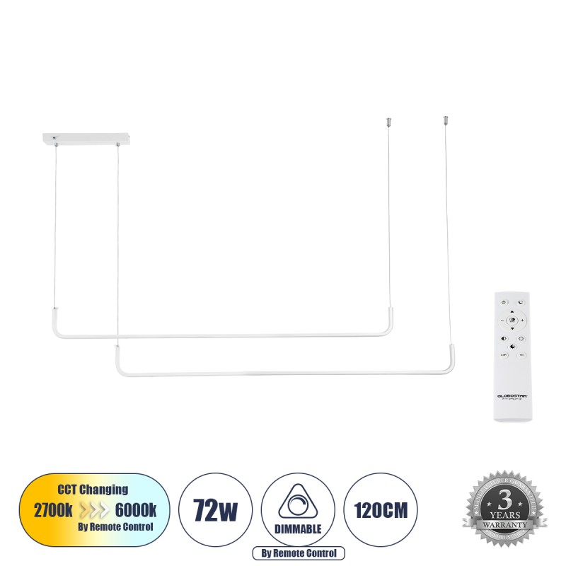 GLOBOSTAR® LINARIA DUO 60925 Μοντέρνο Κρεμαστό Φωτιστικό Οροφής LED 72W 8300lm 200° AC 220-240V IP20 Ρυθμιζόμενο Λευκό CCT με Χειριστήριο από 2700K έως 6000K Dimmable - Lumileds SMD Chip - Λευκό Ματ - Μ220 x Π4 x Υ25cm - 3 Χρόνια Εγγύηση