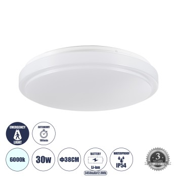 GLOBOSTAR® EMERGANO 60992 Φωτιστικό Πλαφονιέρα Οροφής με Ενσωματωμένο Σύστημα Emergency Li-ion 3450mAh/12.8Wh με Αυτονομία 3hrs LED 30W 3000lm 120° AC 220-240V Αδιάβροχο IP54 Ψυχρό Λευκό 6000K - Lumileds SMD Chip - Λευκό Γαλακτερό - Μ38 x Π38 x Υ5.3cm - 3 GLOBOSTAR® EMERGANO 60992 Φωτιστικό Πλαφονιέρα Οροφής με Ενσωματωμένο Σύστημα Emergency Li-ion 3450mAh/12.8Wh με Αυτονομία 3hrs LED 30W 3000lm 120° AC 220-240V Αδιάβροχο IP54 Ψυχρό Λευκό 6000K - Lumileds SMD Chip - Λευκό Γαλακτερό - Μ38 x Π38 x Υ5.3cm - 3