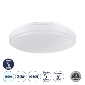 GLOBOSTAR® SENSORANO 60994 Φωτιστικό Πλαφονιέρα Οροφής με Ανιχνευτή Microwave / Αισθητήρα Κίνησης LED 30W 3000lm 120° AC 220-240V Αδιάβροχο IP54 Ψυχρό Λευκό 6000K - Lumileds SMD Chip - Λευκό Γαλακτερό - Μ38 x Π38 x Υ5.3cm - 3 Χρόνια Εγγύηση GLOBOSTAR® SENSORANO 60994 Φωτιστικό Πλαφονιέρα Οροφής με Ανιχνευτή Microwave / Αισθητήρα Κίνησης LED 30W 3000lm 120° AC 220-240V Αδιάβροχο IP54 Ψυχρό Λευκό 6000K - Lumileds SMD Chip - Λευκό Γαλακτερό - Μ38 x Π38 x Υ5.3cm - 3 Χρόνια Εγγύηση