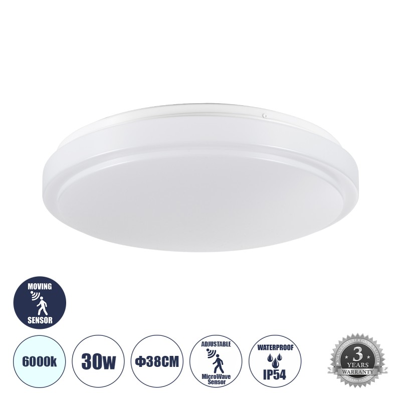 GLOBOSTAR® SENSORANO 60994 Φωτιστικό Πλαφονιέρα Οροφής με Ανιχνευτή Microwave / Αισθητήρα Κίνησης LED 30W 3000lm 120° AC 220-240V Αδιάβροχο IP54 Ψυχρό Λευκό 6000K - Lumileds SMD Chip - Λευκό Γαλακτερό - Μ38 x Π38 x Υ5.3cm - 3 Χρόνια Εγγύηση GLOBOSTAR® SENSORANO 60994 Φωτιστικό Πλαφονιέρα Οροφής με Ανιχνευτή Microwave / Αισθητήρα Κίνησης LED 30W 3000lm 120° AC 220-240V Αδιάβροχο IP54 Ψυχρό Λευκό 6000K - Lumileds SMD Chip - Λευκό Γαλακτερό - Μ38 x Π38 x Υ5.3cm - 3 Χρόνια Εγγύηση