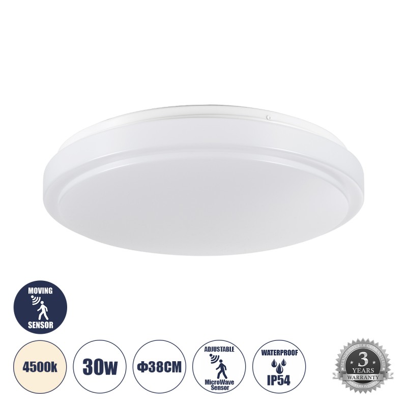 GLOBOSTAR® SENSORANO 60995 Φωτιστικό Πλαφονιέρα Οροφής με Ανιχνευτή Microwave / Αισθητήρα Κίνησης LED 30W 3000lm 120° AC 220-240V Αδιάβροχο IP54 Φυσικό Λευκό 4500K - Lumileds SMD Chip - Λευκό Γαλακτερό - Μ38 x Π38 x Υ5.3cm - 3 Χρόνια Εγγύηση GLOBOSTAR® SENSORANO 60995 Φωτιστικό Πλαφονιέρα Οροφής με Ανιχνευτή Microwave / Αισθητήρα Κίνησης LED 30W 3000lm 120° AC 220-240V Αδιάβροχο IP54 Φυσικό Λευκό 4500K - Lumileds SMD Chip - Λευκό Γαλακτερό - Μ38 x Π38 x Υ5.3cm - 3 Χρόνια Εγγύηση