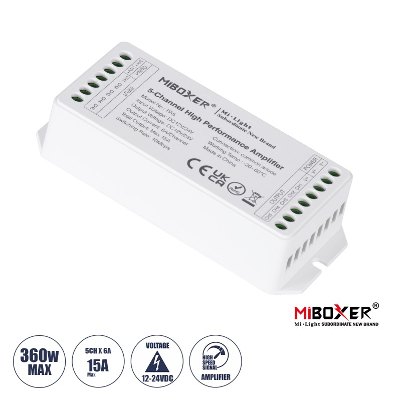 GLOBOSTAR® MiBOXER-PA5 71429 DC Ενισχυτής Ισχύος & Σήματος Υψηλής Ταχύτητας με 5 x 6A 144W Κανάλια DC 12-24V 15A 360W Max IP20 - Μ11.4 x Π4.9 x Υ2.8cm - 5 Χρόνια Εγγύηση GLOBOSTAR® MiBOXER-PA5 71429 DC Ενισχυτής Ισχύος & Σήματος Υψηλής Ταχύτητας με 5 x 6A 144W Κανάλια DC 12-24V 15A 360W Max IP20 - Μ11.4 x Π4.9 x Υ2.8cm - 5 Χρόνια Εγγύηση