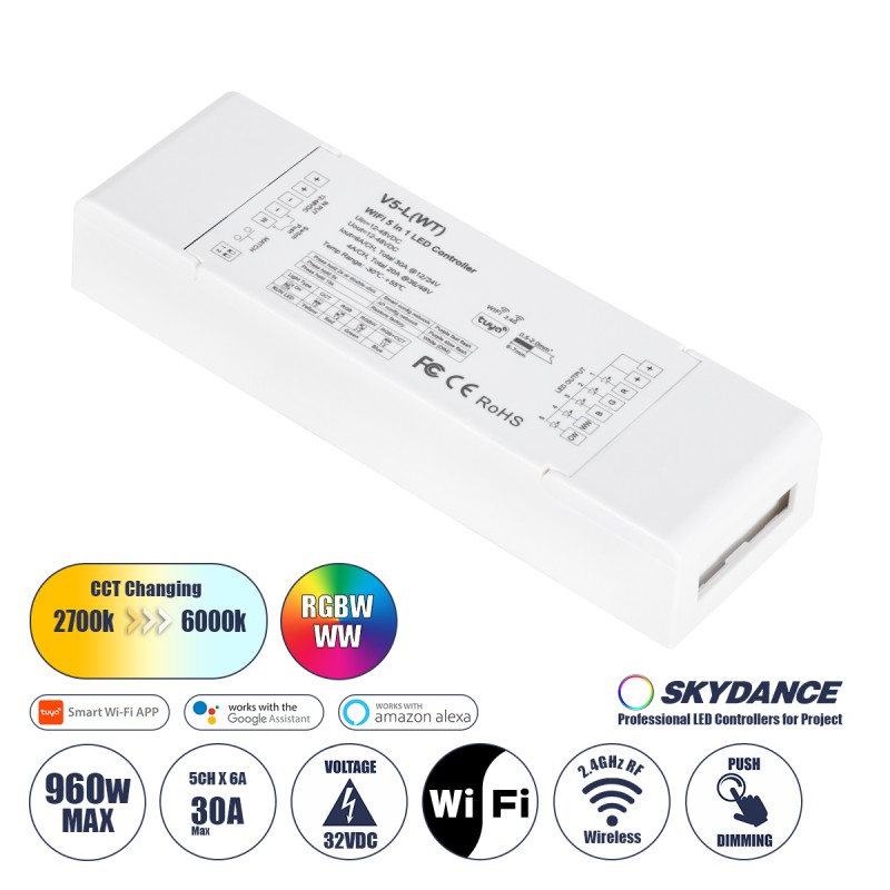 GLOBOSTAR® SKYDANCE-V5-L(WT) 71470 DC WiFi & RF 2.4Ghz & Push Dimmer / Controller με 5 x 6A 288W Κανάλια DC 12-48V 30A 1440W Max IP20 - WiFI & RF 2.4Ghz & Push Dimming - Μ18 x Π5.7 x Υ2.8cm - 5 Χρόνια Εγγύηση GLOBOSTAR® SKYDANCE-V5-L(WT) 71470 DC WiFi & RF 2.4Ghz & Push Dimmer / Controller με 5 x 6A 288W Κανάλια DC 12-48V 30A 1440W Max IP20 - WiFI & RF 2.4Ghz & Push Dimming - Μ18 x Π5.7 x Υ2.8cm - 5 Χρόνια Εγγύηση
