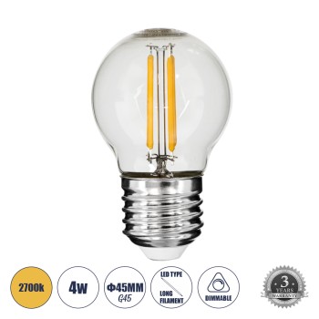 GLOBOSTAR® SPHERE 99004 Λάμπα E27 G45 LED 4W 400lm 360° AC 220-240V IP20 Θερμό Λευκό 2700K Dimmable - Long Filament Chip - Διάφανο - Μ4.5 x Π4.5 x Υ7.5cm - 3 Χρόνια Εγγύηση GLOBOSTAR® SPHERE 99004 Λάμπα E27 G45 LED 4W 400lm 360° AC 220-240V IP20 Θερμό Λευκό 2700K Dimmable - Long Filament Chip - Διάφανο - Μ4.5 x Π4.5 x Υ7.5cm - 3 Χρόνια Εγγύηση