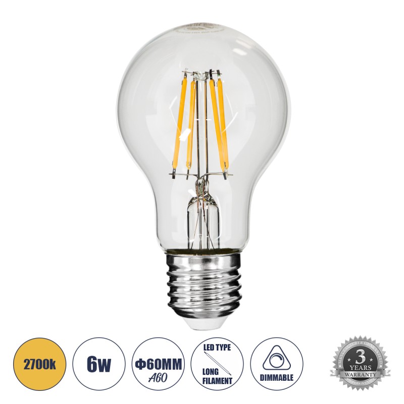 GLOBOSTAR® GLOBE 99006 Λάμπα E27 A60 LED 6W 600lm 360° AC 220-240V IP20 Θερμό Λευκό 2700K Dimmable - Long Filament Chip - Διάφανο - Μ6 x Π6 x Υ10.5cm - 3 Χρόνια Εγγύηση GLOBOSTAR® GLOBE 99006 Λάμπα E27 A60 LED 6W 600lm 360° AC 220-240V IP20 Θερμό Λευκό 2700K Dimmable - Long Filament Chip - Διάφανο - Μ6 x Π6 x Υ10.5cm - 3 Χρόνια Εγγύηση