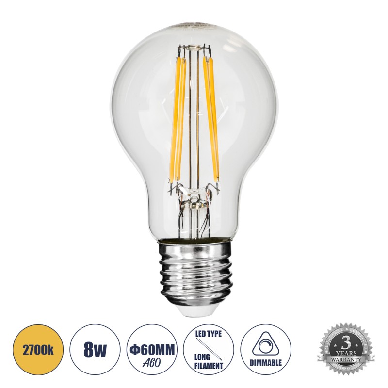 GLOBOSTAR® GLOBE 99007 Λάμπα E27 A60 LED 8W 800lm 360° AC 220-240V IP20 Θερμό Λευκό 2700K Dimmable - Long Filament Chip - Διάφανο - Μ6 x Π6 x Υ10.5cm - 3 Χρόνια Εγγύηση GLOBOSTAR® GLOBE 99007 Λάμπα E27 A60 LED 8W 800lm 360° AC 220-240V IP20 Θερμό Λευκό 2700K Dimmable - Long Filament Chip - Διάφανο - Μ6 x Π6 x Υ10.5cm - 3 Χρόνια Εγγύηση