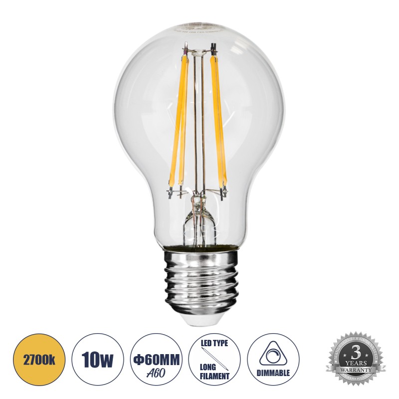 GLOBOSTAR® GLOBE 99008 Λάμπα E27 A60 LED 10W 1000lm 360° AC 220-240V IP20 Θερμό Λευκό 2700K Dimmable - Long Filament Chip - Διάφανο - Μ6 x Π6 x Υ10.5cm - 3 Χρόνια Εγγύηση GLOBOSTAR® GLOBE 99008 Λάμπα E27 A60 LED 10W 1000lm 360° AC 220-240V IP20 Θερμό Λευκό 2700K Dimmable - Long Filament Chip - Διάφανο - Μ6 x Π6 x Υ10.5cm - 3 Χρόνια Εγγύηση