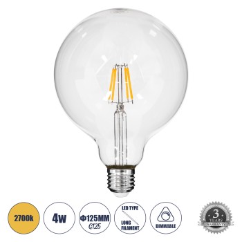 GLOBOSTAR® BUBBLE 99012 Λάμπα E27 G125 LED 4W 400lm 360° AC 220-240V IP20 Θερμό Λευκό 2700K Dimmable - Long Filament Chip - Διάφανο - Μ12.5 x Π12.5 x Υ18cm - 3 Χρόνια Εγγύηση GLOBOSTAR® BUBBLE 99012 Λάμπα E27 G125 LED 4W 400lm 360° AC 220-240V IP20 Θερμό Λευκό 2700K Dimmable - Long Filament Chip - Διάφανο - Μ12.5 x Π12.5 x Υ18cm - 3 Χρόνια Εγγύηση