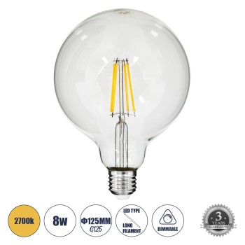 GLOBOSTAR® BUBBLE 99013 Λάμπα E27 G125 LED 8W 800lm 360° AC 220-240V IP20 Θερμό Λευκό 2700K Dimmable - Long Filament Chip - Διάφανο - Μ12.5 x Π12.5 x Υ18cm - 3 Χρόνια Εγγύηση GLOBOSTAR® BUBBLE 99013 Λάμπα E27 G125 LED 8W 800lm 360° AC 220-240V IP20 Θερμό Λευκό 2700K Dimmable - Long Filament Chip - Διάφανο - Μ12.5 x Π12.5 x Υ18cm - 3 Χρόνια Εγγύηση