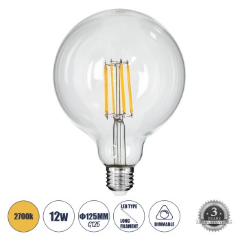 GLOBOSTAR® BUBBLE 99014 Λάμπα E27 G125 LED 12W 1200lm 360° AC 220-240V IP20 Θερμό Λευκό 2700K Dimmable - Long Filament Chip - Διάφανο - Μ12.5 x Π12.5 x Υ18cm - 3 Χρόνια Εγγύηση GLOBOSTAR® BUBBLE 99014 Λάμπα E27 G125 LED 12W 1200lm 360° AC 220-240V IP20 Θερμό Λευκό 2700K Dimmable - Long Filament Chip - Διάφανο - Μ12.5 x Π12.5 x Υ18cm - 3 Χρόνια Εγγύηση