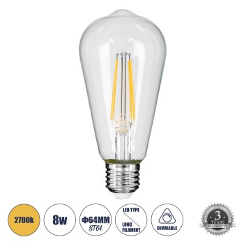 GLOBOSTAR® PEAR 99016 Λάμπα E27 ST64 LED 8W 800lm 360° AC 220-240V IP20 Θερμό Λευκό 2700K Dimmable - Long Filament Chip - Διάφανο - Μ6.4 x Π6.4 x Υ14cm - 3 Χρόνια Εγγύηση GLOBOSTAR® PEAR 99016 Λάμπα E27 ST64 LED 8W 800lm 360° AC 220-240V IP20 Θερμό Λευκό 2700K Dimmable - Long Filament Chip - Διάφανο - Μ6.4 x Π6.4 x Υ14cm - 3 Χρόνια Εγγύηση