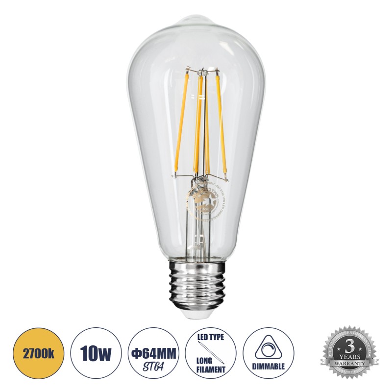 GLOBOSTAR® PEAR 99017 Λάμπα E27 ST64 LED 10W 1000lm 360° AC 220-240V IP20 Θερμό Λευκό 2700K Dimmable - Long Filament Chip - Διάφανο - Μ6.4 x Π6.4 x Υ14cm - 3 Χρόνια Εγγύηση GLOBOSTAR® PEAR 99017 Λάμπα E27 ST64 LED 10W 1000lm 360° AC 220-240V IP20 Θερμό Λευκό 2700K Dimmable - Long Filament Chip - Διάφανο - Μ6.4 x Π6.4 x Υ14cm - 3 Χρόνια Εγγύηση