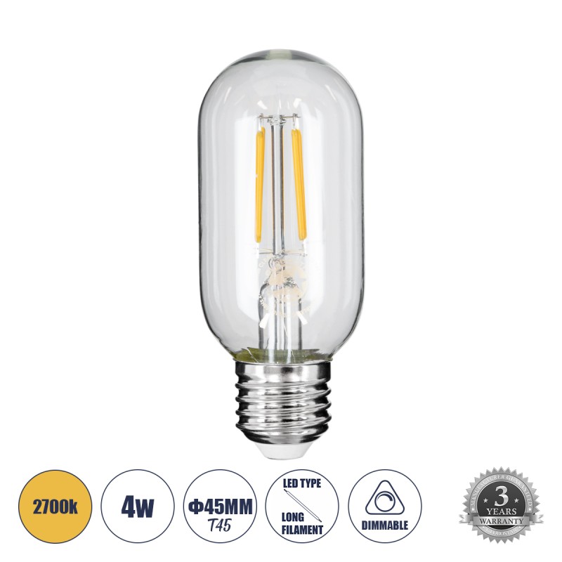 GLOBOSTAR® TUBIS 99018 Λάμπα Σωλήνας E27 T45 LED 4W 400lm 360° AC 220-240V IP20 Θερμό Λευκό 2700K Dimmable - Long Filament Chip - Διάφανο - Μ4.5 x Π4.5 x Υ11cm - 3 Χρόνια Εγγύηση GLOBOSTAR® TUBIS 99018 Λάμπα Σωλήνας E27 T45 LED 4W 400lm 360° AC 220-240V IP20 Θερμό Λευκό 2700K Dimmable - Long Filament Chip - Διάφανο - Μ4.5 x Π4.5 x Υ11cm - 3 Χρόνια Εγγύηση