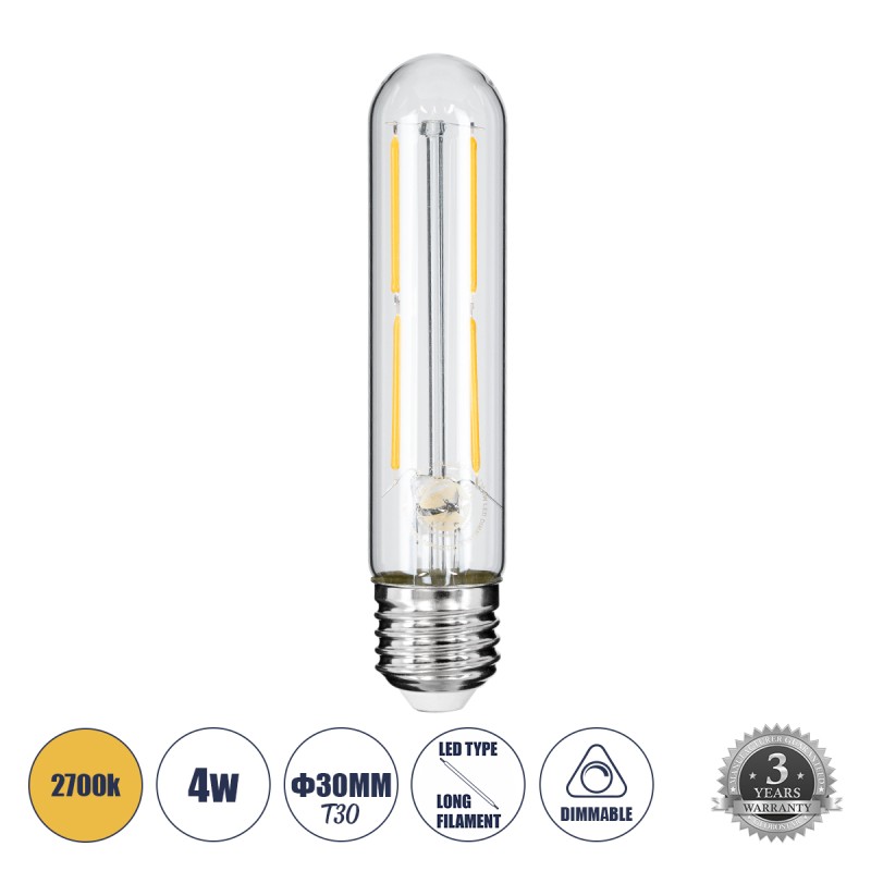 GLOBOSTAR® TUBIS 99019 Λάμπα Σωλήνας E27 T30 LED 4W 400lm 360° AC 220-240V IP20 Θερμό Λευκό 2700K Dimmable - Long Filament Chip - Διάφανο - Μ3 x Π3 x Υ13.5cm - 3 Χρόνια Εγγύηση GLOBOSTAR® TUBIS 99019 Λάμπα Σωλήνας E27 T30 LED 4W 400lm 360° AC 220-240V IP20 Θερμό Λευκό 2700K Dimmable - Long Filament Chip - Διάφανο - Μ3 x Π3 x Υ13.5cm - 3 Χρόνια Εγγύηση