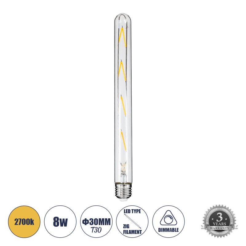 GLOBOSTAR® TUBIS 99020 Λάμπα Σωλήνας E27 T30 LED 8W 800lm 360° AC 220-240V IP20 Θερμό Λευκό 2700K Dimmable - Long Filament Chip - Διάφανο - Μ3 x Π3 x Υ30cm - 3 Χρόνια Εγγύηση GLOBOSTAR® TUBIS 99020 Λάμπα Σωλήνας E27 T30 LED 8W 800lm 360° AC 220-240V IP20 Θερμό Λευκό 2700K Dimmable - Long Filament Chip - Διάφανο - Μ3 x Π3 x Υ30cm - 3 Χρόνια Εγγύηση