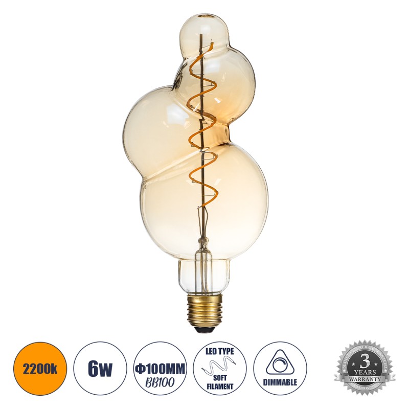 GLOBOSTAR® BUBBLES 99021 Λάμπα E27 BB100 LED 6W 420lm 360° AC 220-240V IP20 Ultra Θερμό Λευκό 2200K Dimmable - Soft S Spiral Filament Chip - Μελί - Μ10 x Π10 x Υ24cm - 3 Χρόνια Εγγύηση GLOBOSTAR® BUBBLES 99021 Λάμπα E27 BB100 LED 6W 420lm 360° AC 220-240V IP20 Ultra Θερμό Λευκό 2200K Dimmable - Soft S Spiral Filament Chip - Μελί - Μ10 x Π10 x Υ24cm - 3 Χρόνια Εγγύηση