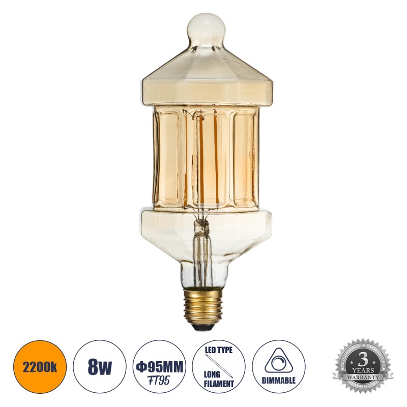 GLOBOSTAR® LANTERN 99026 Λάμπα E27 FT95 LED 8W 650lm 360° AC 220-240V IP20 Ultra Θερμό Λευκό 2200K Dimmable - Long Filament Chip - Μελί - Μ9.5 x Π9.5 x Υ21.5cm - 3 Χρόνια Εγγύηση GLOBOSTAR® LANTERN 99026 Λάμπα E27 FT95 LED 8W 650lm 360° AC 220-240V IP20 Ultra Θερμό Λευκό 2200K Dimmable - Long Filament Chip - Μελί - Μ9.5 x Π9.5 x Υ21.5cm - 3 Χρόνια Εγγύηση