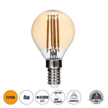 GLOBOSTAR® SPHERE 99033 Λάμπα E14 G45 LED 4W 350lm 360° AC 220-240V IP20 Ultra Θερμό Λευκό 2200K Dimmable - Long Filament Chip - Μελί - Μ4.5 x Π4.5 x Υ7.5cm - 3 Χρόνια Εγγύηση GLOBOSTAR® SPHERE 99033 Λάμπα E14 G45 LED 4W 350lm 360° AC 220-240V IP20 Ultra Θερμό Λευκό 2200K Dimmable - Long Filament Chip - Μελί - Μ4.5 x Π4.5 x Υ7.5cm - 3 Χρόνια Εγγύηση