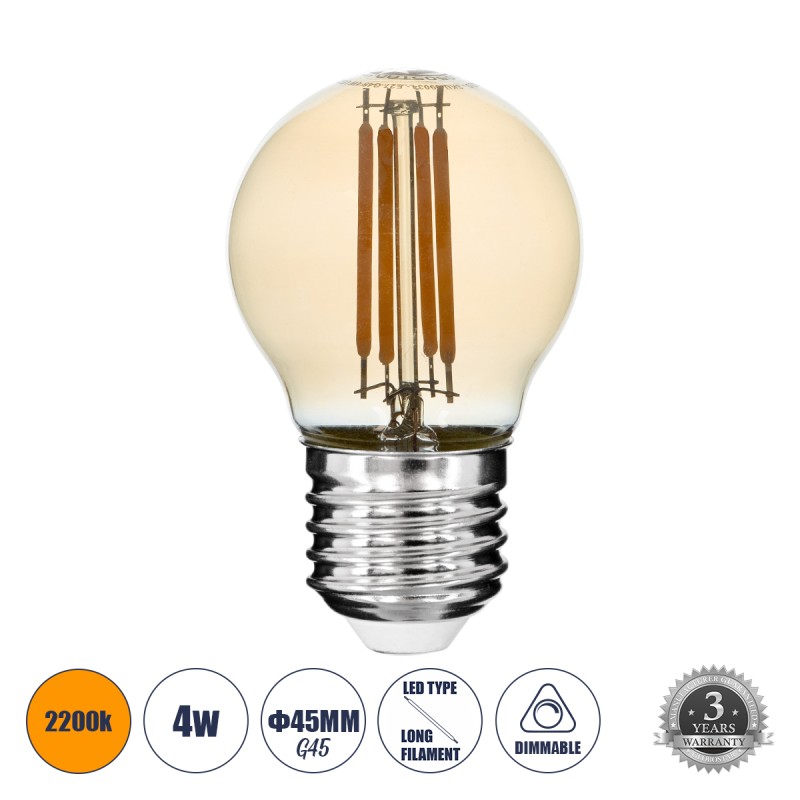 GLOBOSTAR® SPHERE 99034 Λάμπα E27 G45 LED 4W 350lm 360° AC 220-240V IP20 Ultra Θερμό Λευκό 2200K Dimmable - Long Filament Chip - Μελί - Μ4.5 x Π4.5 x Υ7.5cm - 3 Χρόνια Εγγύηση