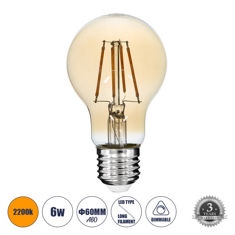 GLOBOSTAR® GLOBE 99036 Λάμπα E27 A60 LED 6W 550lm 360° AC 220-240V IP20 Ultra Θερμό Λευκό 2200K Dimmable - Long Filament Chip - Μελί - Μ6 x Π6 x Υ10.5cm - 3 Χρόνια Εγγύηση GLOBOSTAR® GLOBE 99036 Λάμπα E27 A60 LED 6W 550lm 360° AC 220-240V IP20 Ultra Θερμό Λευκό 2200K Dimmable - Long Filament Chip - Μελί - Μ6 x Π6 x Υ10.5cm - 3 Χρόνια Εγγύηση
